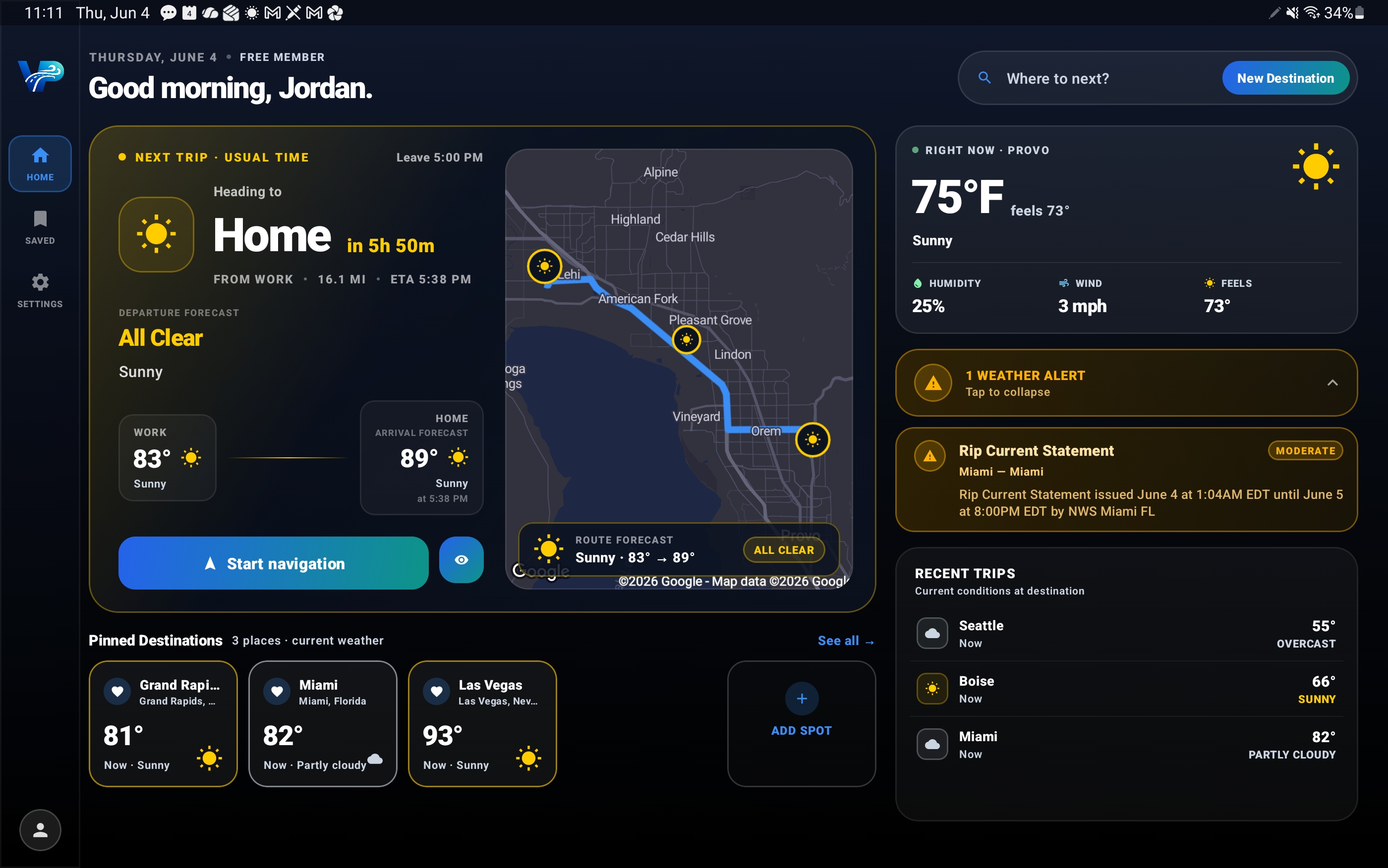 VentoPath on a tablet — route weather home screen